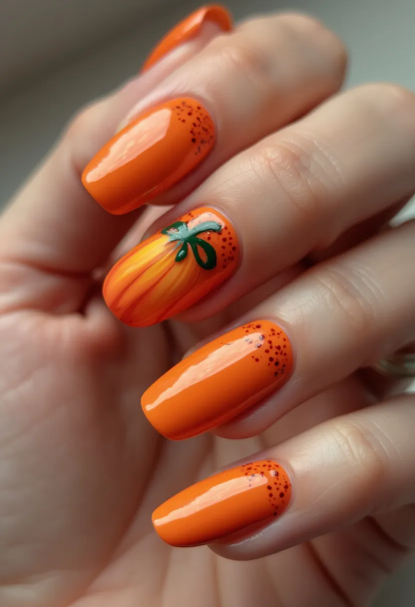 This nail design showcases a vibrant autumn-inspired palette, predominantly featuring an orange hue reflective of seasonal pumpkins. The nails are medium-length with a square or squoval (square with rounded edges) shape, providing a balanced canvas for the artwork. One nail is intricately decorated with a detailed pumpkin design, complete with a green vine and subtle shading to add depth and realism. Additionally, a few nails are accented with small black speckles near the cuticles, adding texture and interest to the overall look. This design looks to be created with a gel treatment, given the high-gloss finish and smooth appearance, making it durable and long-lasting—ideal for seasonal festivities and special occasions during the fall.