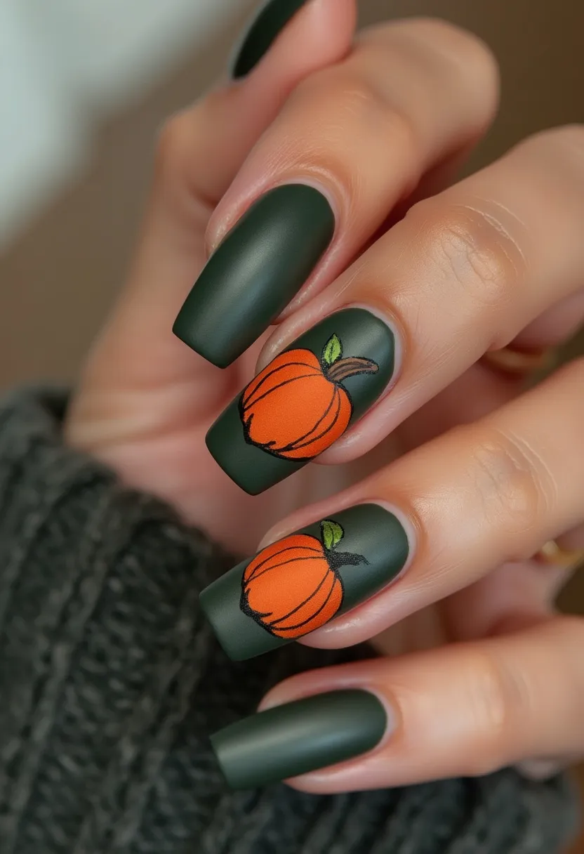 The nail design features a matte, dark green color palette that provides a rich and elegant backdrop. The nails are medium-length with a square-oval shape, commonly known as "squoval." This manicure has detailed pumpkin decorations on the middle and ring fingers, highlighting an autumn or Halloween theme. The pumpkins are painted in a vivid orange with green stems and black outlining, adding a festive and seasonal touch. Given the smooth finish and intricate designs, the nail treatment used is likely gel or shellac, providing durability and a polished look. This manicure is perfectly suited for the fall season, capturing the essence of autumn with its thematic decorations.