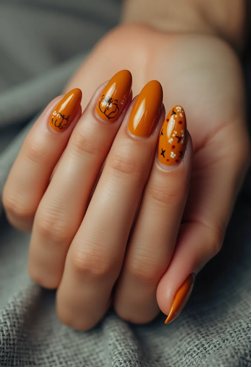 The nail design features a warm, autumnal orange hue as the base color, suitable for the fall season. The nails are medium length with an almond shape, providing a sophisticated and elegant look. Intricate black line art of pumpkins and delicate floral and star patterns adorn the nails, highlighting the harvest and Halloween themes. The nails appear to be treated with a glossy gel finish, giving them a smooth and shiny surface. The overall design is festive and artistic, perfect for celebrating fall holidays with a touch of whimsical charm.