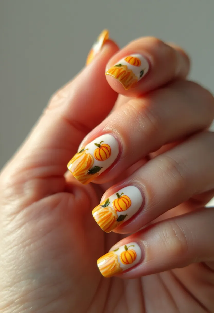 This nail design features a fall-themed palette with oranges, yellows, greens, and whites. The nails have a medium length with a squared-off shape. Each nail is beautifully decorated with hand-painted pumpkins, complete with green leaves and vines, set against a white or light-colored background. The artwork exhibits intricate detailing, particularly in the shading and contouring of the pumpkins and leaves, likely achieved through gel nail treatment for a vibrant and long-lasting finish. This seasonal theme is perfect for autumn, specifically celebrating the harvest season or Halloween, adding a festive touch with its rich colors and detailed artistry.