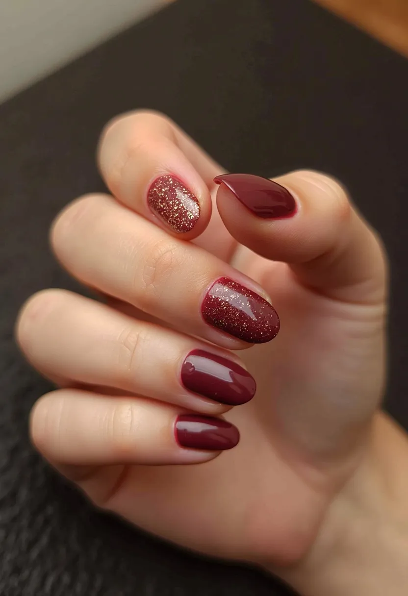 The nail design features a chic and elegant color palette consisting of deep burgundy and glittery gold hues. The nails are shaped in a neat, rounded almond style, providing a smooth and sophisticated appearance. Despite the high gloss finish, suggesting a gel or shellac treatment, two nails stand out with gold glitter accents over the deep base, adding a festive and glamorous touch. These intricate glitter patterns create a striking contrast against the solid burgundy, suggesting a design suitable for a special occasion or the holiday season. No additional decorations or seasonal themes are present, maintaining the design's overall elegance and simplicity.