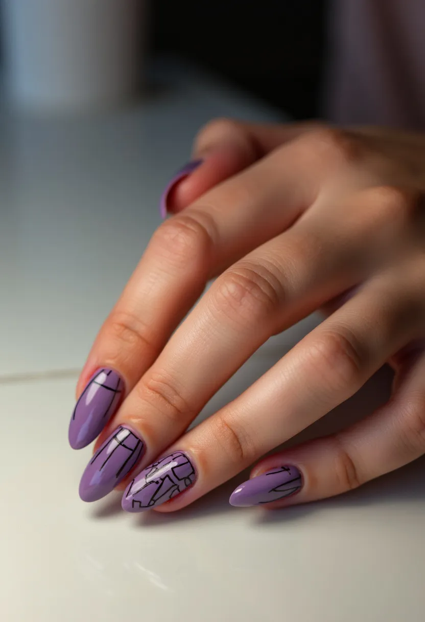 The nail design features a stunning color palette primarily composed of a rich lavender hue. The nails are shaped into a rounded almond form, providing a sleek and elegant appearance. Intricate black line patterns are artfully painted on the surface of each nail, creating a modern and abstract design reminiscent of stained glass or geometric motifs. This level of detail suggests a professional gel nail treatment, which offers a high-gloss finish and long-lasting wear. The design’s chic yet playful aesthetic makes it suitable for any season, adding a touch of sophistication to daily wear or special occasions.