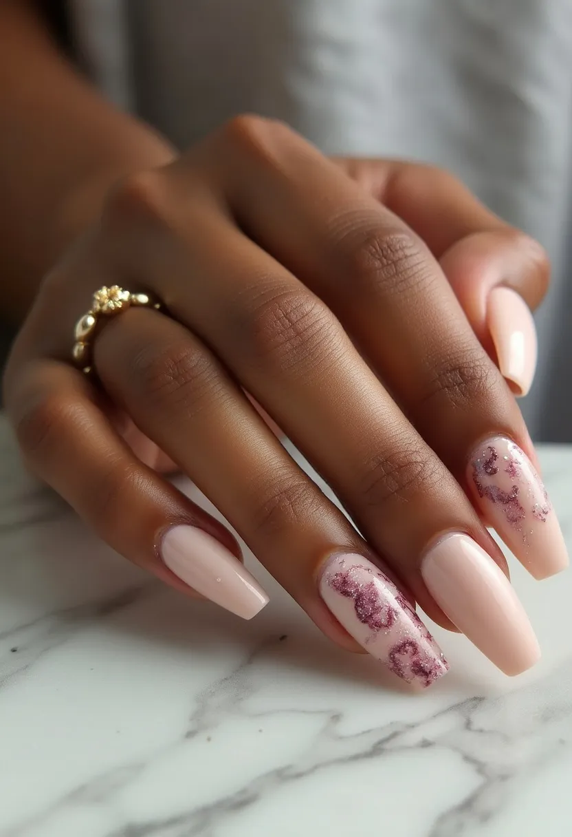 The nail design showcases a nude to light pink palette, exuding a soft and elegant aesthetic. The nails are medium length with a coffin shape, providing a sophisticated and stylish look. The ring finger on each hand has intricate detailing, adorned with a subtle floral or abstract pattern using rose gold glitter, adding a touch of sparkle and glam. The finish suggests a gel or acrylic treatment, ensuring durability and a glossy finish. The subtle and refined design makes this nail art suitable for various occasions, from everyday wear to special events, matching seamlessly with formal and festive settings.