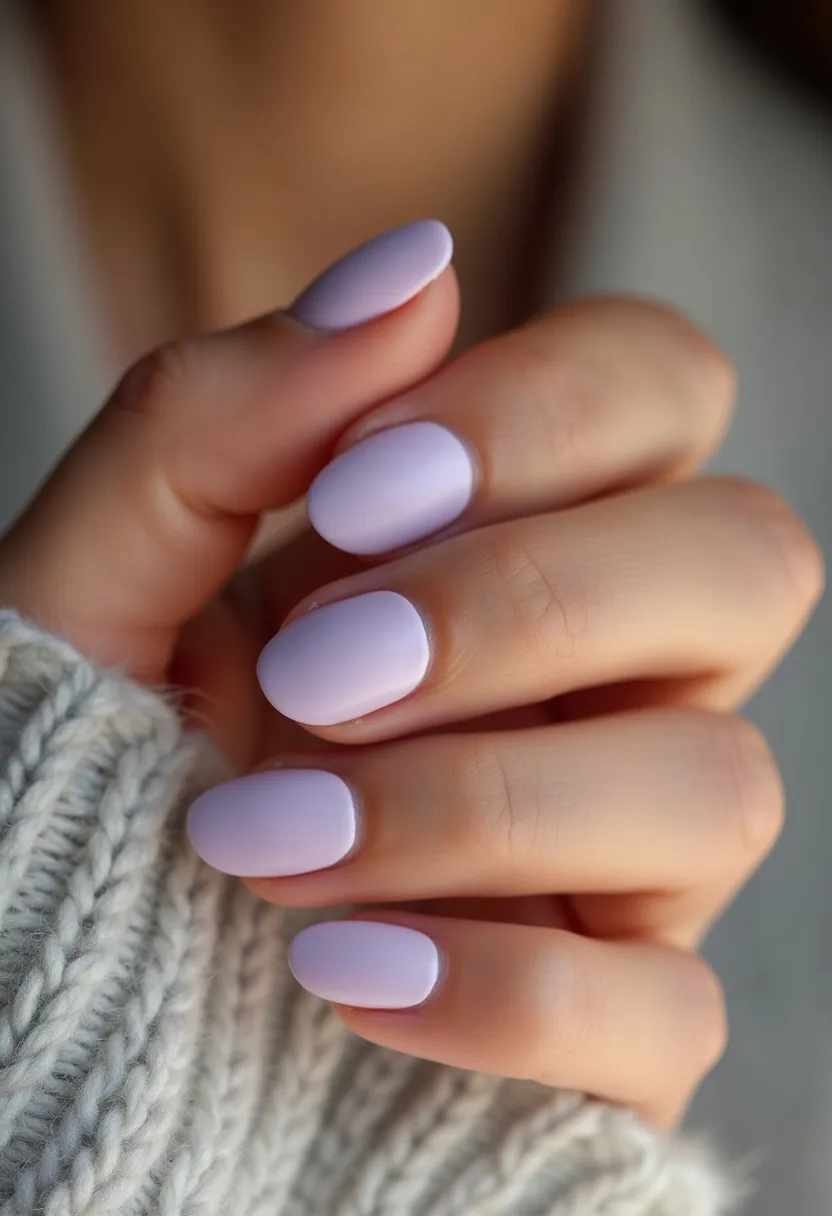 This nail design showcases a delicate, pastel lavender color palette, exuding a soft and feminine vibe. The nails are shaped in a clean and elegant oval form, known for its versatility and refined appearance. The polish appears smooth and even, suggesting a professional gel or shellac treatment, which ensures a glossy finish and long-lasting wear. The simplicity of the single-color design is both chic and modern, making it suitable for various occasions from casual to formal, and particularly fitting for spring or summer seasons due to its light and airy hue. The understated elegance of the nails makes this design a timeless choice.