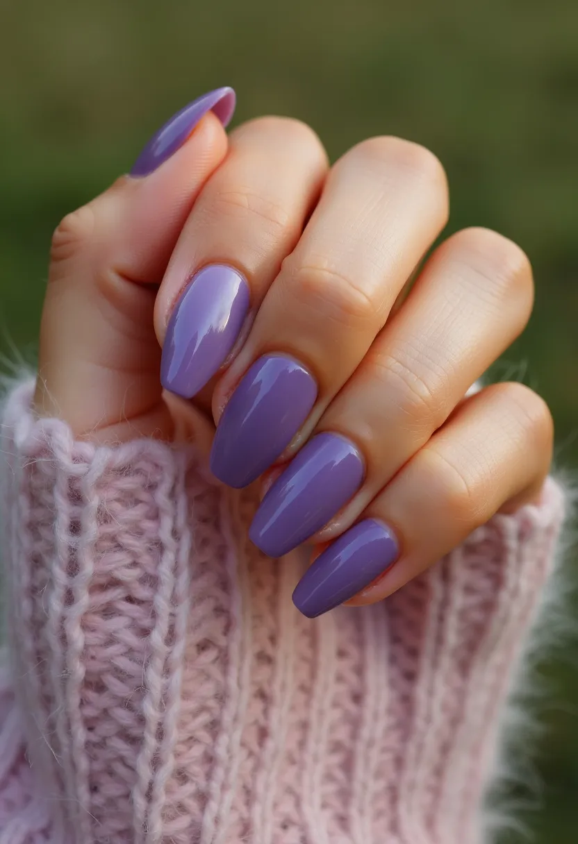 The nail design features a solid color palette consisting of a soft, pastel lavender shade. The nails are almond-shaped, offering a sleek and elongated appearance that complements the overall design. The finish appears to be glossy, suggesting a gel treatment due to the smooth and shiny surface. There are no intricate patterns or decorations visible on the nails, maintaining a simple yet elegant look. The choice of lavender and the soft knitwear hint at a cozy, seasonal theme, likely suitable for spring or fall. The nails are uniformly painted without any additional adornments or accents, emphasizing a clean and sophisticated style.