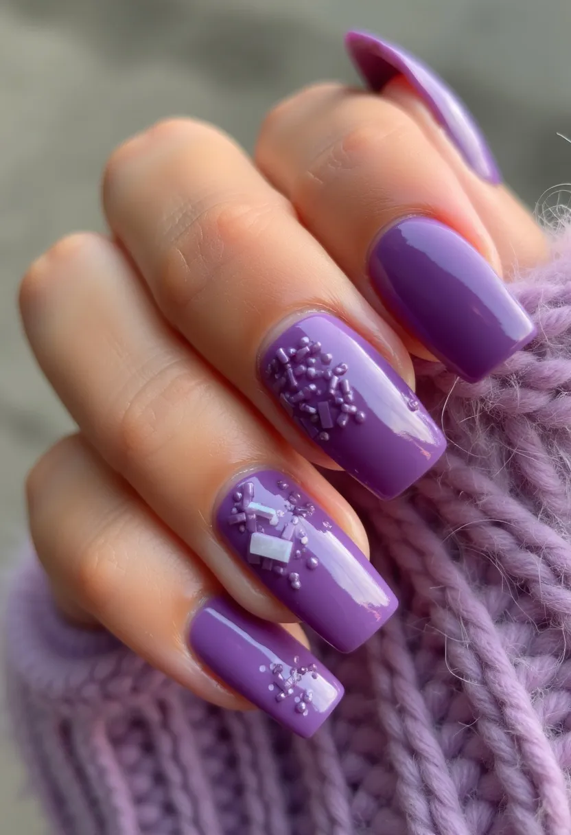 The nail design features a color palette dominated by a vibrant, glossy lavender shade. The nails are shaped in a modern, square style, lending a sleek and contemporary look. Intricate decorations adorn a few nails with delicate, three-dimensional embellishments that resemble small lavender beads and rectangular accents, creating a textured and unique aesthetic. These nails appear to be treated with a gel application, providing a shiny and durable finish. The intricate and stylized lavender motifs could potentially be suitable for springtime or occasions that celebrate elegance and creativity.