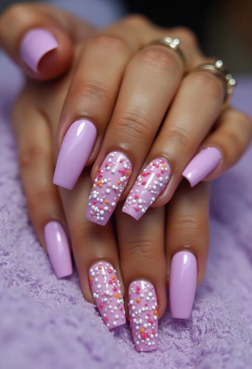 The nails are designed in a beautiful pastel pink color palette, presenting a cohesive and elegant look. The nails are shaped in a long, square form, which gives a modern and chic appeal. Intricate patterns are present on some nails, featuring a decoration of small, multicolored beads in white, orange, and pink, which add a playful texture and dimension to the design. The nail treatment appears to be gel, giving a glossy and durable finish. The vibrant yet soft colors and bead decorations suggest a spring or summer theme, making it perfect for seasonal wear or special occasions such as a festive event or party.