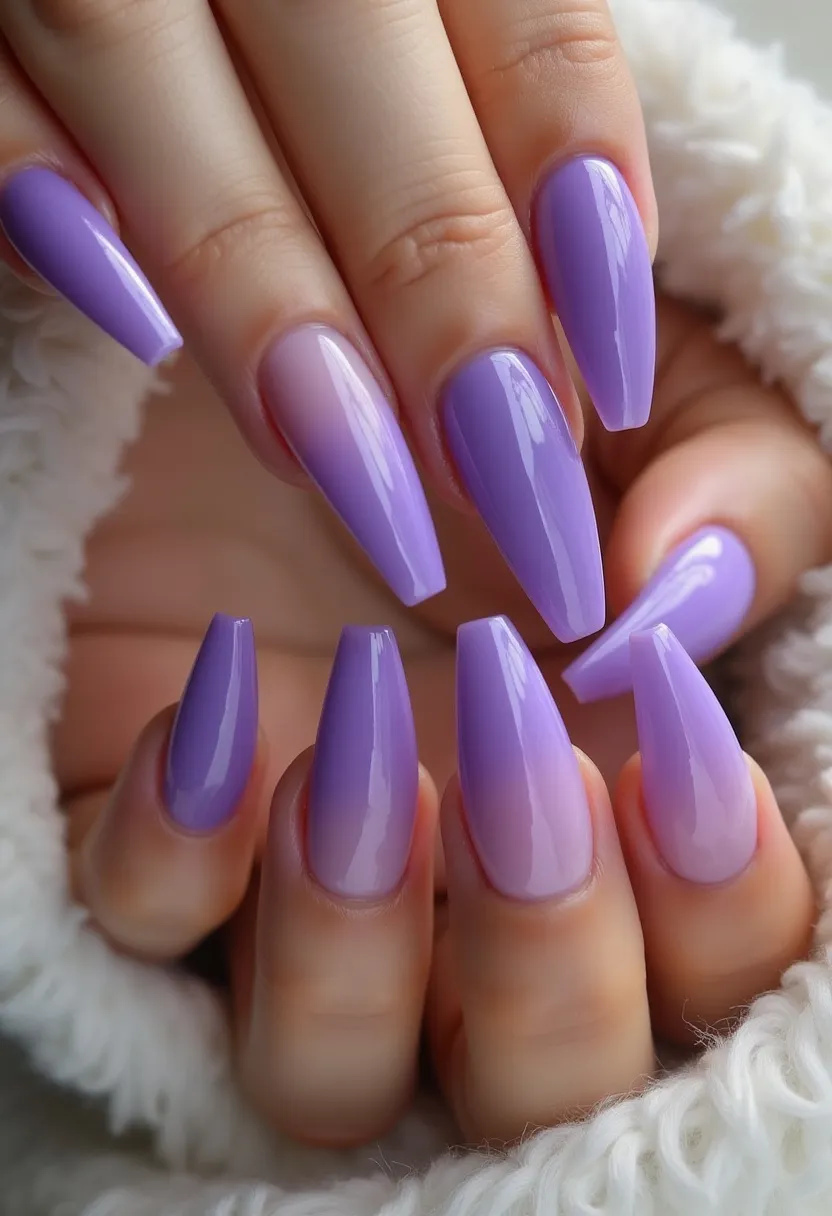 This nail design features a striking palette of purple hues, transitioning from a light lavender at the base to a deeper violet towards the tips, creating an ombre effect. The nails are long and shaped in a sharp, tapered almond style, which adds a touch of elegance and drama to the overall look. The finish is highly glossy, suggesting the use of gel treatment to achieve the smooth and shiny surface. There are no additional patterns or decorations, with the simplicity and beauty of the color gradient taking the spotlight. This design might be well-suited for a spring or summer occasion, evoking a sense of warmth and freshness.