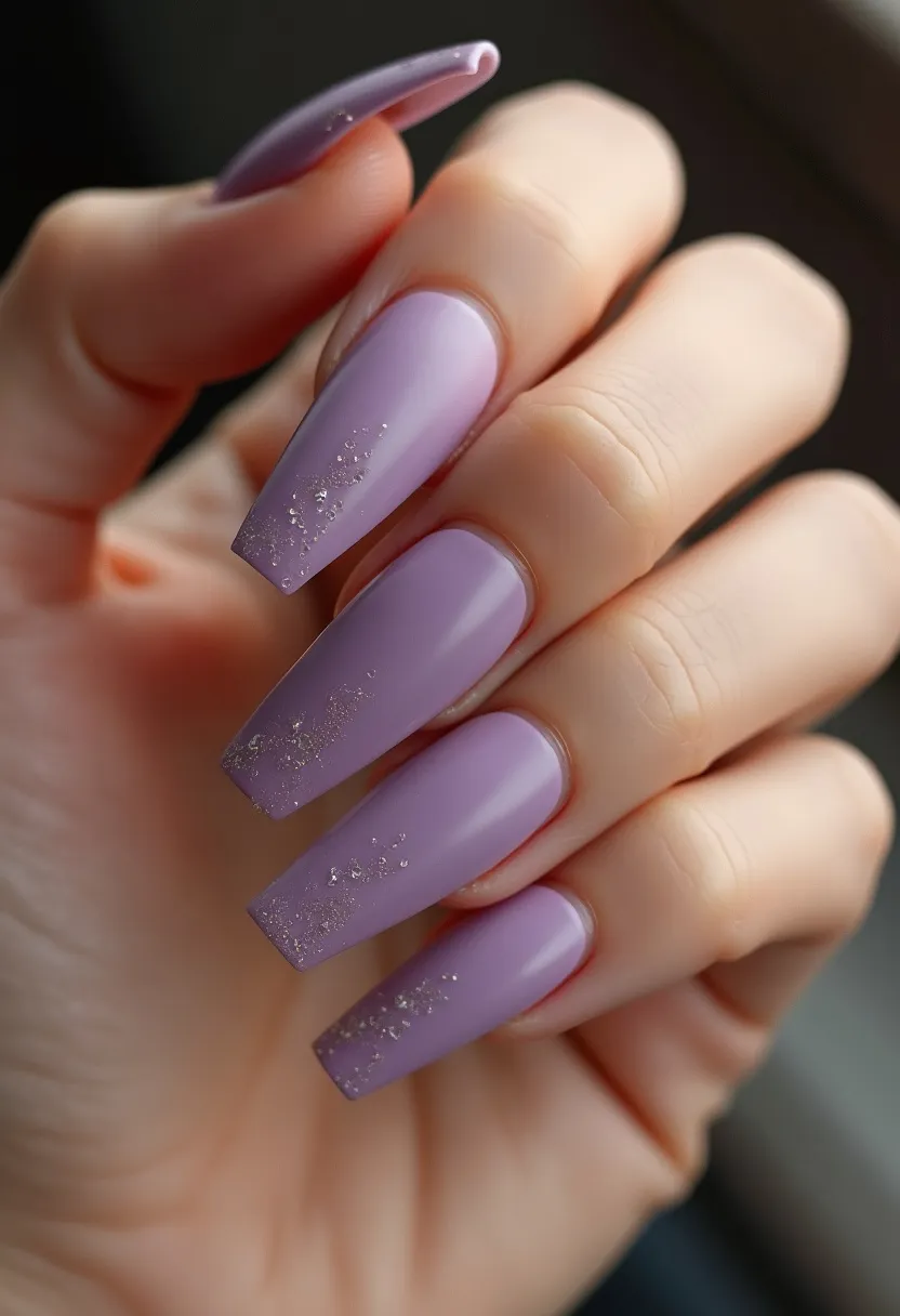 This nail design features a soft lavender color palette, lending a delicate and feminine touch. The nails are shaped in a long coffin style, offering an elegant and stylish appearance. Each nail showcases a subtle yet intricate pattern formed by small, scattered sparkling embellishments near the tips, adding a hint of shimmer without overpowering the overall look. The treatment appears to be a glossy gel, enhancing the smooth finish and durability of the design. This manicure is versatile, suitable for both daily wear and special occasions, bringing a refined and chic aesthetic to the wearer.