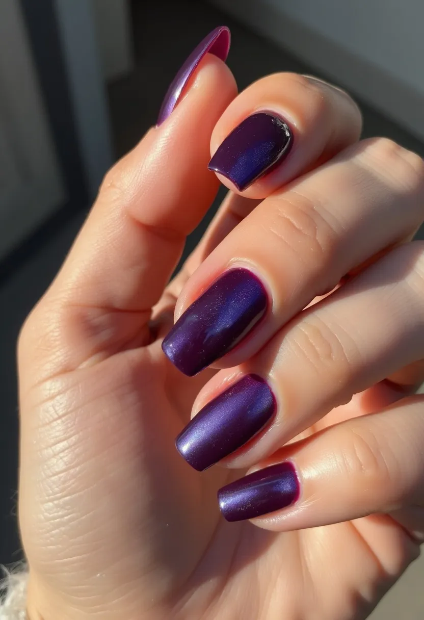 The nail design features a striking color palette of deep, shimmering purple, evoking a sense of sophistication and elegance. The nails are of medium length with a square shape, giving them a modern and clean appearance. The treatment used appears to be gel, as indicated by the smooth, glossy finish. There are no intricate patterns or decorations, allowing the rich, reflective color to stand out prominently. This design could be suitable for the cooler months, reminiscent of winter and holiday themes, or for special events where a bold and polished look is desired.