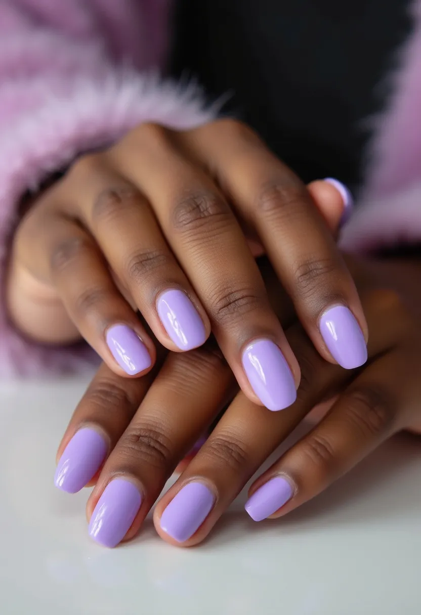 The nail design features a vibrant lilac color palette, exuding a sense of freshness and subtle elegance. The nails are shaped into a classic medium-length rounded square, which enhances the overall neat and sophisticated look. The finish on the nails suggests the use of gel or shellac treatment, providing a glossy and long-lasting effect. The solid color design makes it a versatile choice suitable for both everyday wear and special occasions, with a hint of spring or summer seasonal appeal. No intricate patterns or additional decorations are present, keeping the design minimalist and chic.