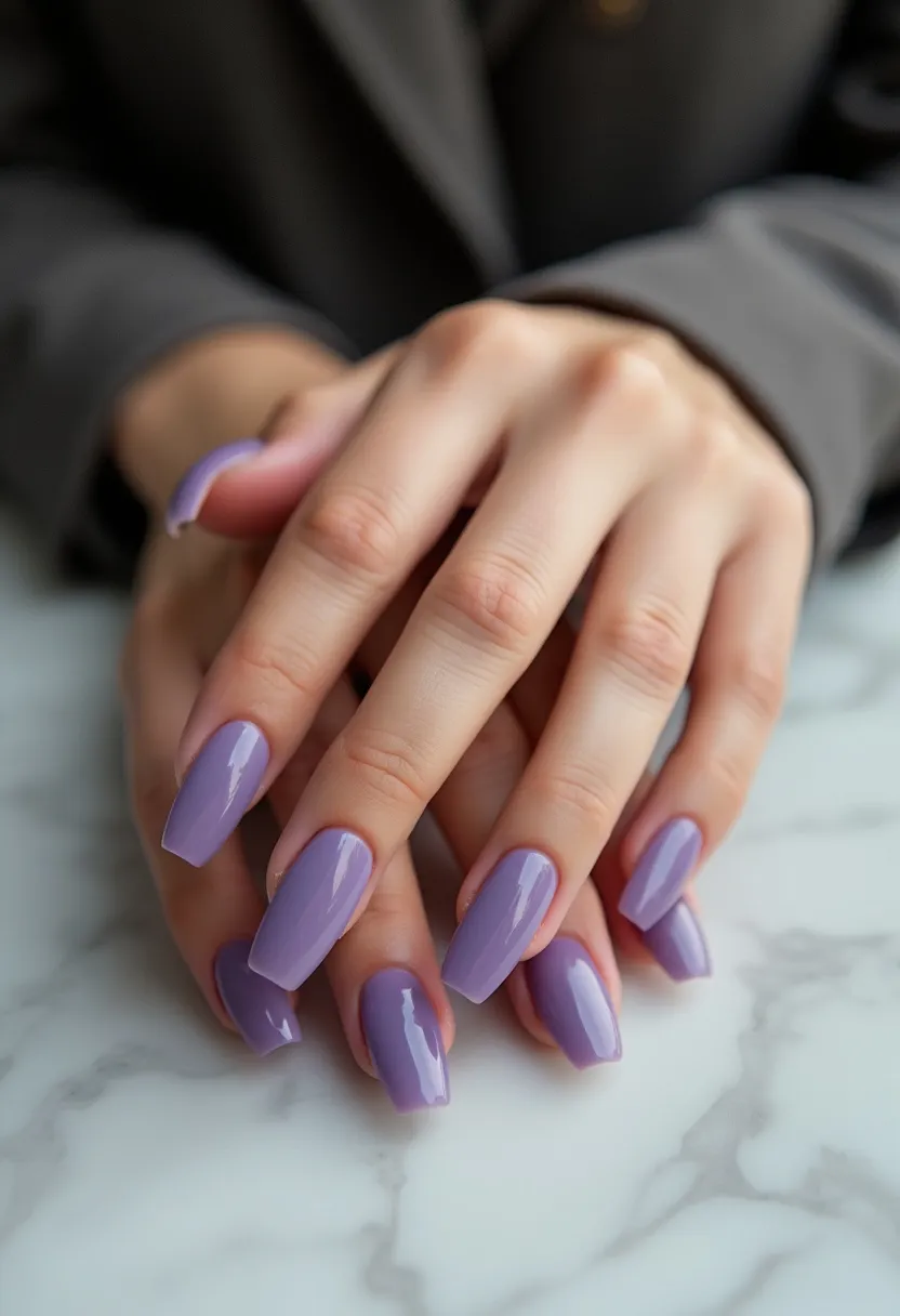 The nail design features long, coffin-shaped nails painted in a solid, glossy lavender color. The treatment appears to be a gel manicure, as indicated by the high shine and smooth finish. The nails exhibit a clean and uniform color without any additional patterns or decorations, giving a refined and elegant look. The choice of lavender adds a subtle yet vibrant touch, making it suitable for both everyday wear and special occasions such as springtime events or weddings. This design highlights simplicity and sophistication through its monochromatic palette and impeccable application.