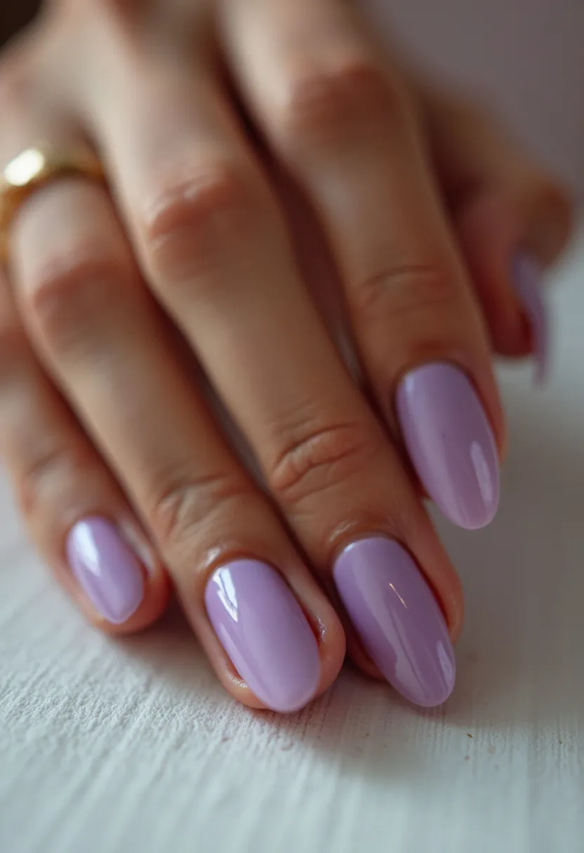 The nail design features a soft, pastel lavender nail color, creating a gentle and feminine look suitable for spring or summer. The nails are medium-length with a rounded almond shape, offering a subtle elegance. The glossy finish suggests the use of gel polish, providing a smooth and lustrous appearance that is durable and long-lasting. There are no additional intricate patterns or decorations, opting for a minimalist approach. This design is versatile and could easily be worn for everyday activities or special occasions like weddings and garden parties.