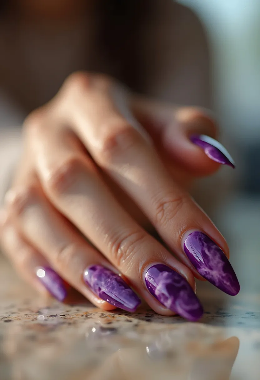 The nail design features a striking color palette dominated by rich shades of purple, accented with a marble-like patterning in lighter, cloudy hues. The nails are shaped in a stiletto style, characterized by their long, pointed tips, which add an elegant and dramatic flair. The intricate marble patterns give a sense of fluidity and movement, likely achieved through gel treatment, which provides a smooth and glossy finish. The overall look is sophisticated and could suit a variety of occasions, from special events to fashionable seasonal displays, particularly fitting for autumn or winter themes due to the deep and vibrant colors.