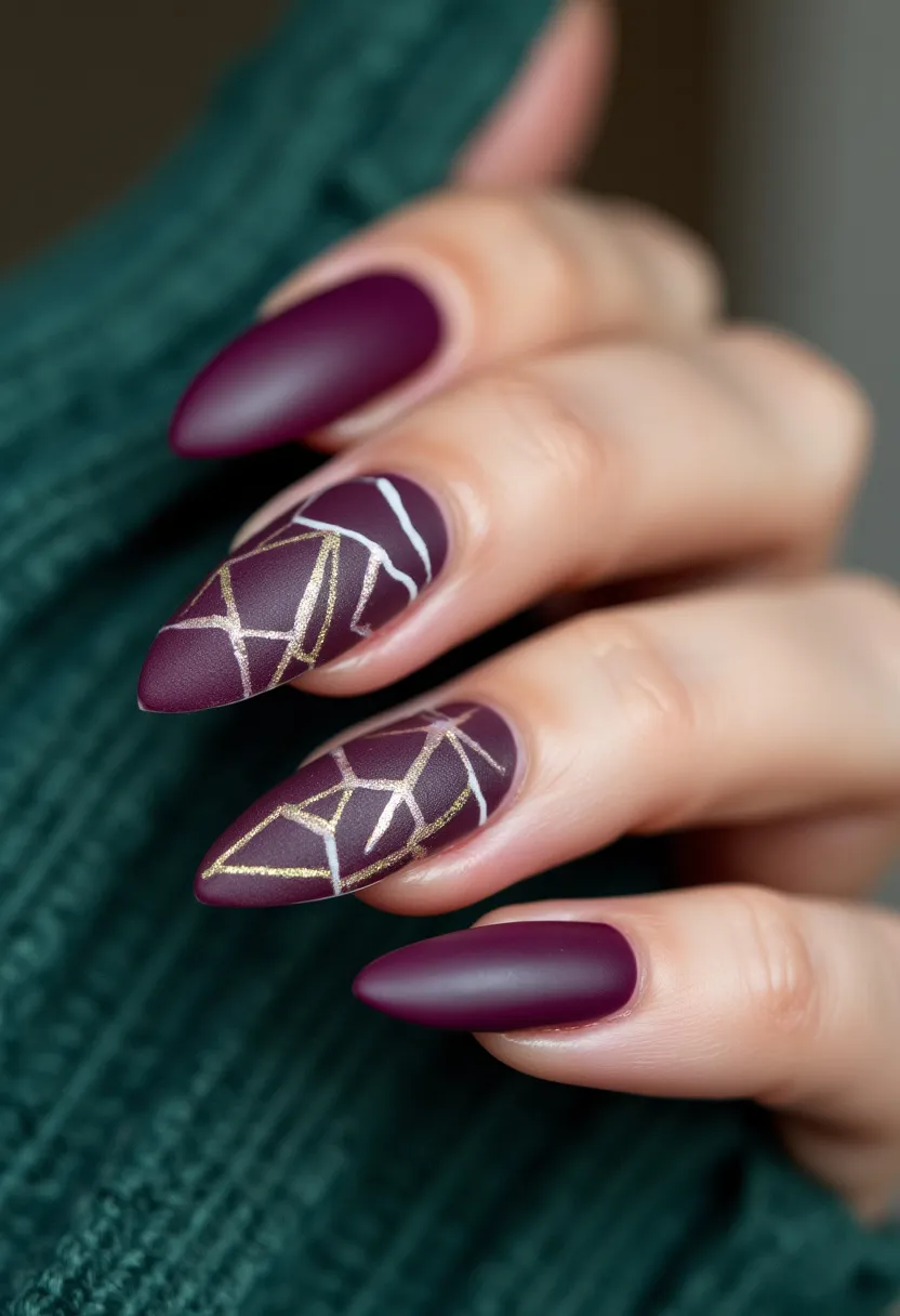 The nail design features almond-shaped nails treated with a matte finish, likely shellac or gel, given the smooth texture and durability. The primary color palette includes a rich, deep burgundy that adds a sophisticated and elegant touch. The nails are adorned with intricate geometric patterns created using gold and white lines, adding a luxurious and modern flair. The design appears to be meticulously detailed, with the clean, sharp lines forming complex shapes that draw attention to the artistry. The overall aesthetic suggests a stylish and chic look, perfect for autumn or winter seasons, aligning with festive or formal occasions.