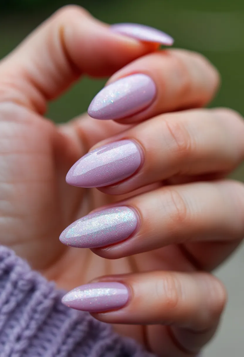 The nail design features a soft, pastel lavender color palette with a shimmering, iridescent finish that adds a touch of elegance and whimsy. The nails are shaped into a sharp almond form, which elongates the fingers and provides a sophisticated look. There is a consistent glittery effect across all the nails, indicating a likely use of gel polish layered with a pearlescent or glitter top coat. The shimmering finish is even and smooth, enhancing the overall allure. This nail design is versatile enough for everyday glam as well as special occasions, making it particularly suitable for spring or winter seasons due to its delicate, frosty appearance.