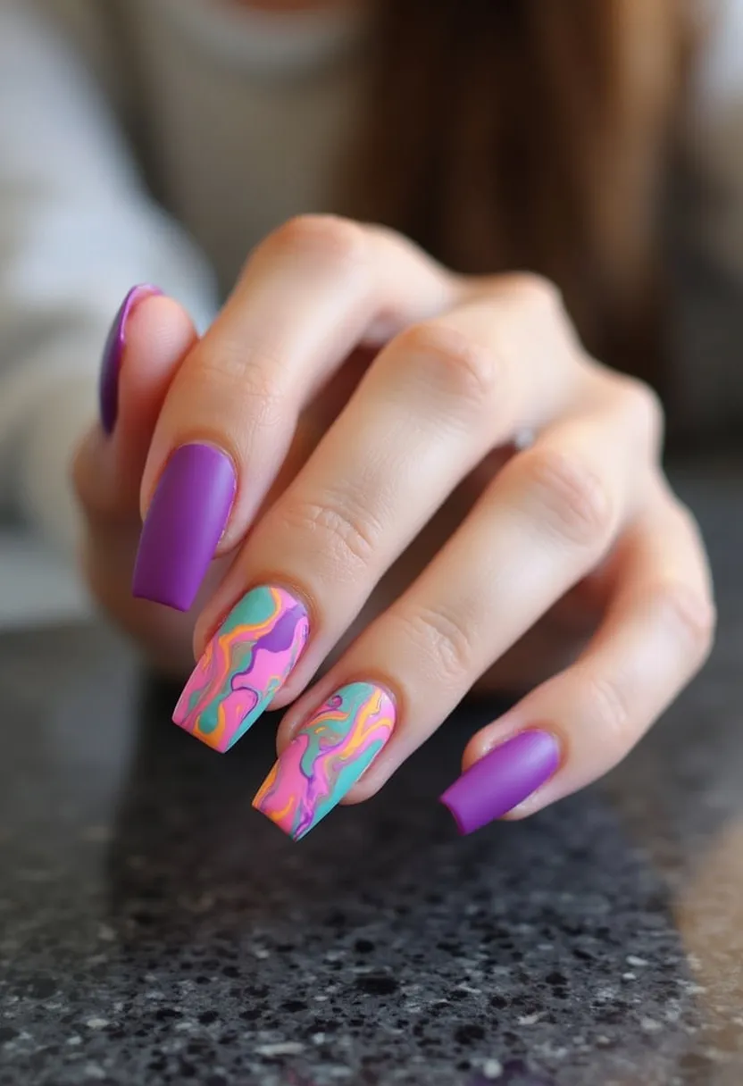 The nail design features a vibrant color palette primarily composed of a striking purple combined with a swirl of pastel pink, turquoise, yellow, and orange hues on two accent nails. The shape of the nails is square, providing a wide canvas for the intricate designs. The intricate pattern on the accent nails appears to be a blend of colorful layers, reminiscent of a marbled effect, creating a fluid, artistic look. The base color for the majority of the nails is a solid matte purple, while the accent nails have a glossy finish, indicating a mixed manicure type that may include gel for the glossy, intricate marbled nails, and possibly a matte top coat on others. The lively, bright color scheme suggests a spring or summer theme, suitable for festive occasions or simply for making a bold fashion statement.