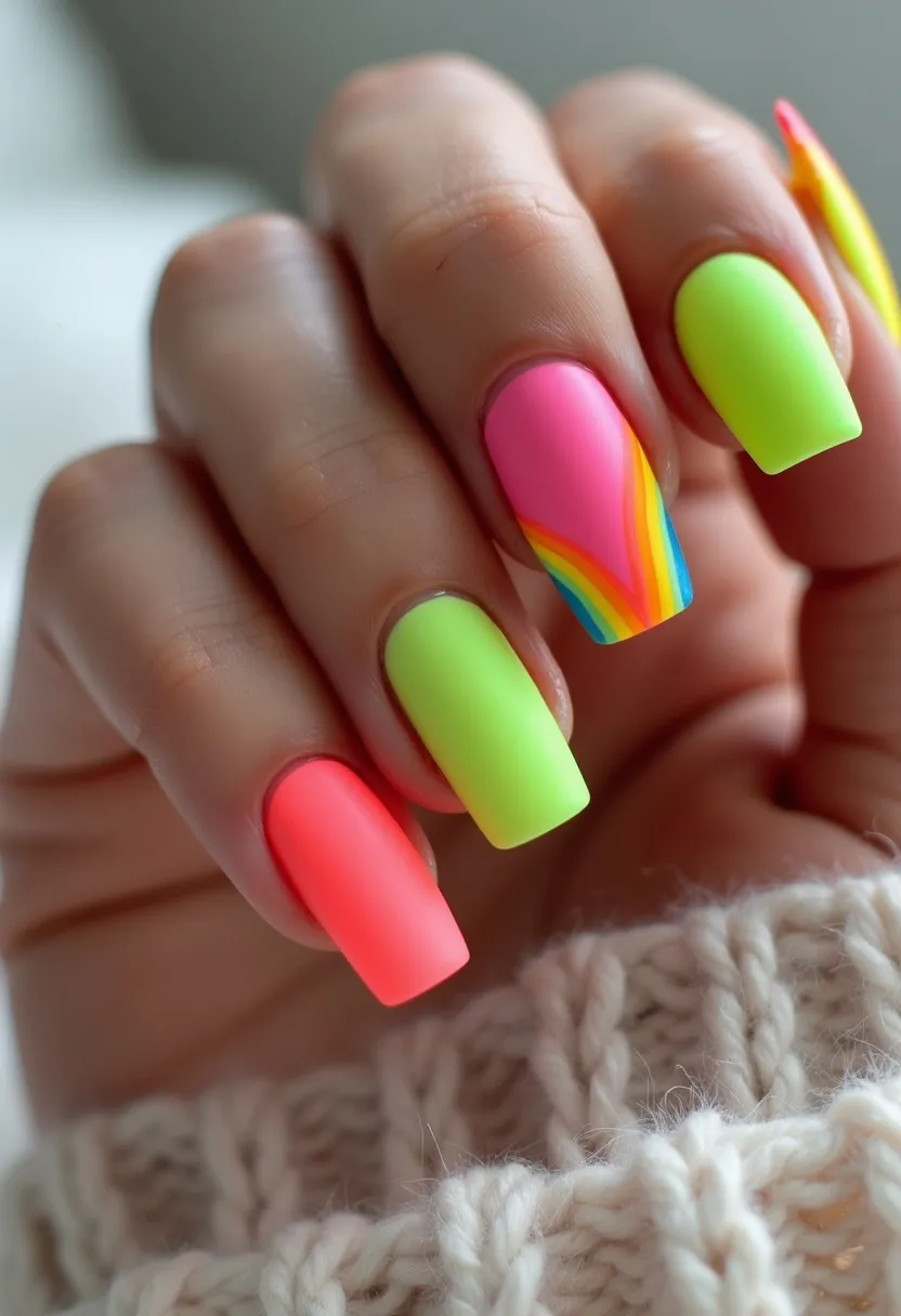 The nail design is vibrant and eye-catching, featuring a color palette that includes neon green, hot pink, and bright orange. The nails are shaped in a long, square form. One nail showcases a distinctive rainbow pattern that seamlessly transitions from yellow to orange, blue, and purple on a hot pink base. Most likely created with gel or acrylic treatment, these nails possess a bold matte finish. The overall design exudes a playful and summery vibe, making it perfect for festive occasions or warm season outings.