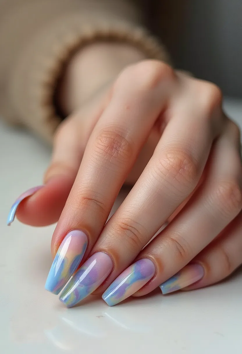 This nail design features a dreamy and ethereal color palette comprising pastel shades of pink, blue, and yellow, creating a soft, watercolor-like effect. The nails are shaped in a long, square form, which provides a modern and stylish canvas for the intricate artwork. The design appears to be created using gel polish, giving the nails a glossy finish and ensuring long-lasting wear. The gradient blending of colors evokes a serene, sunset-like ambiance, making it ideal for spring or summer months. This pattern does not appear to be tied to any special occasions but rather highlights an artistic approach to nail art, perfect for adding a touch of whimsy to everyday life.