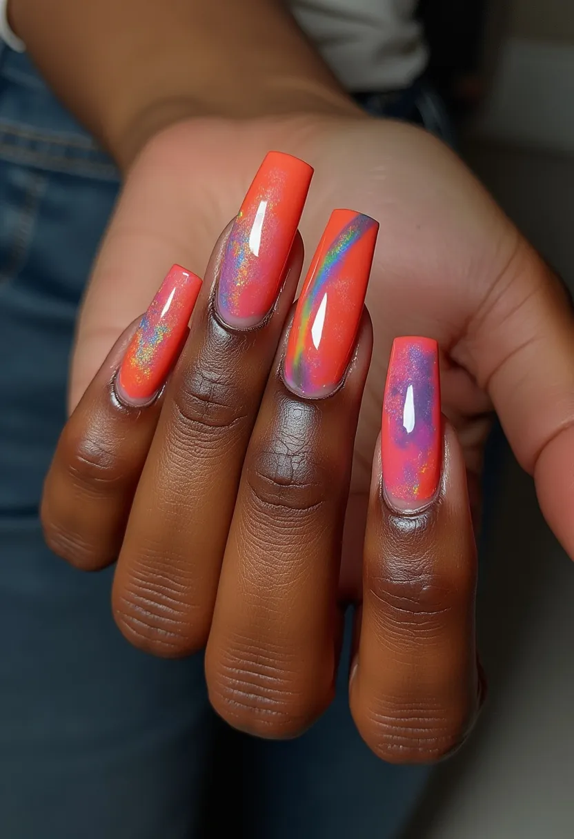 The nail design features a vibrant color palette comprising primarily shades of bright orange and hints of purple with a holographic effect, creating an eye-catching and dynamic appearance. The nails are shaped in a long, square form, which complements the bold color choice. There is an intricate pattern on some nails where the holographic and iridescent finish shifts in the light, displaying a multicolored sheen, indicative of a high-gloss gel or acrylic nail treatment. This design, with its lively colors and shimmering details, evokes a summery, tropical theme, making it suitable for festive occasions or summertime events. The reflective, prismatic effect adds an extra layer of sophistication and charm to the overall nail art.