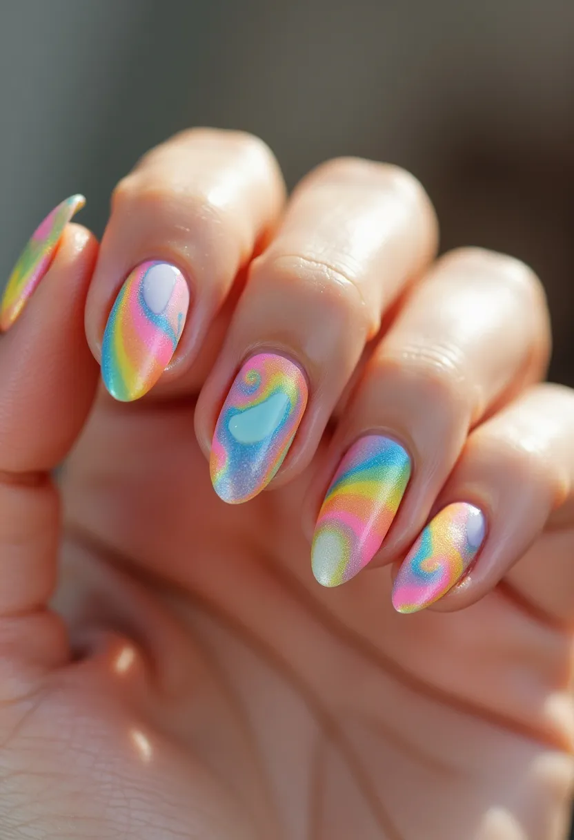 The nails feature a short almond shape and are adorned with a vibrant and colorful holographic design. The color palette includes a blend of pastel and neon hues such as pink, blue, yellow, green, and purple, all seamlessly integrated into swirling patterns that provide a visually dynamic effect. This intricate design exhibits a marbled effect, creating a playful and lively appearance reminiscent of a rainbow. The nails appear to be treated with a gel polish, exhibiting a glossy and dimensional finish. This design could be suitable for spring or summer seasons, evoking feelings of fun and festivity ideal for events like festivals or vacations.