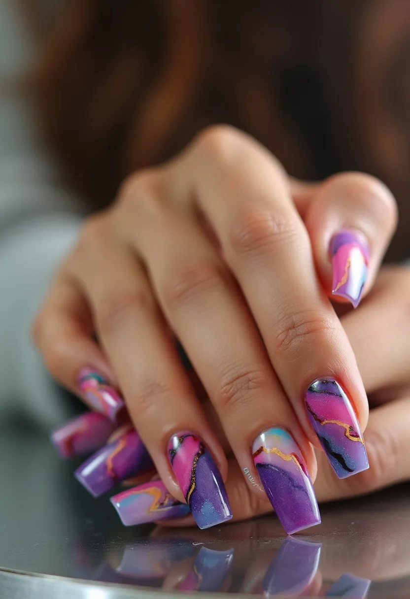 The nail design showcases a vibrant and bold color palette featuring shades of purple, pink, blue, and black, with hints of glitter and gold accent lines. The nails are shaped in a long coffin style, adding a dramatic flair to the overall look. The intricate patterns resemble a marbled or geode appearance, with fluid swirls and abstract designs that evoke a sense of artistic elegance. The type of nail treatment appears to be gel, giving the nails a glossy and polished finish. The unique details and rich colors make this design suitable for special occasions or seasonal themes such as summer or festivals, highlighting its playful and creative appeal.