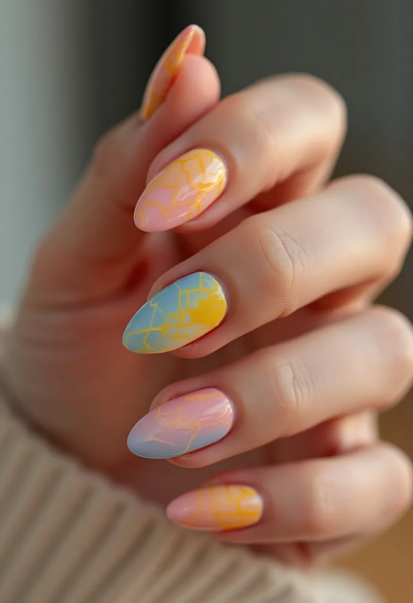 The nail design showcases a vibrant and playful color palette, featuring a harmonious blend of pastel shades including pink, yellow, and blue. The nails are almond-shaped, contributing to a sleek and elegant appearance. Intricate geometric patterns are intricately added to each nail, creating a distinctive and eye-catching effect. The design likely employs a gel treatment to achieve a glossy and durable finish, enhancing the overall longevity and brightness of the colors. This nail art exudes a cheerful and fresh vibe, making it suitable for the spring or summer season, perfectly complementing seasonal wardrobes with its lively hues and intricate detailing.