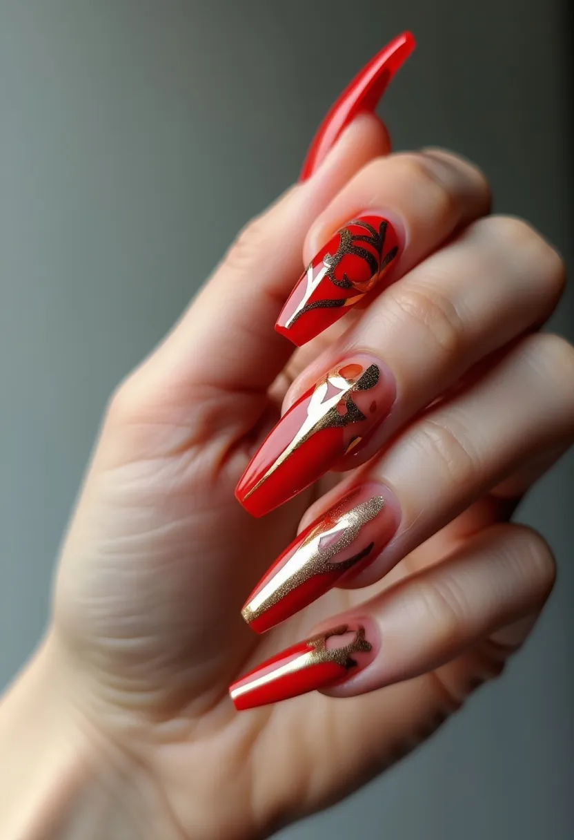 The nail design features a bold and elegant color palette dominated by vibrant red and metallic gold accents. The nails are long and almond-shaped, providing a sophisticated canvas for intricate artistry. The design incorporates detailed, black leaf-like patterns and gold embellishments, creating an opulent and festive look, possibly suitable for seasonal themes or special occasions such as holidays or festive events. The red nails have a high-gloss finish, suggesting the use of gel or acrylic treatments. The sophisticated combination of colors and the intricate detailing exudes a luxurious and celebratory vibe.