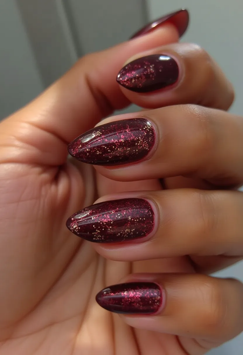 The nail design showcases a striking dark burgundy color palette with an overlay of shimmering glitter, creating a luxurious and festive look. The nails are shaped in an elegant almond form, enhancing the overall sophistication of the design. The glitter elements are finely distributed, adding a touch of sparkle that catches the light beautifully. This intricate decoration appears to be applied using gel polish, providing a glossy and durable finish. The rich tones and glittery accents make this design especially suitable for holiday seasons or special occasions, where a touch of glamour is desired.