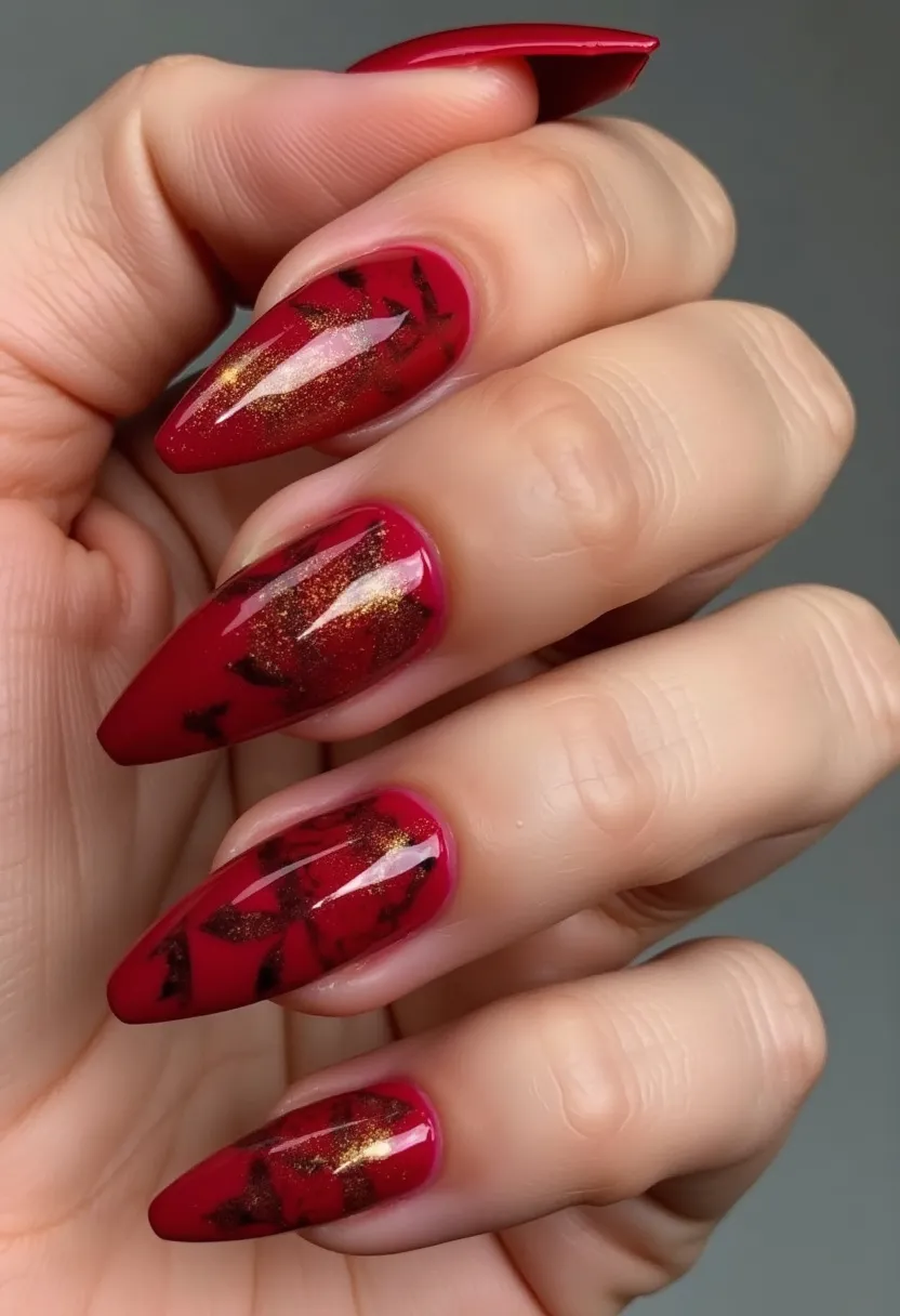 This nail design features a rich red color palette, accented with gold and black hues. The nails are sculpted into an elegant almond shape, achieving a sophisticated and elongating effect. The nail treatment appears to be a glossy gel application, contributing to a smooth and shiny finish. Each nail showcases intricate patterns with a marbled effect, incorporating black flecks and streaks of shimmering gold that add depth and a touch of glamour. This design is particularly striking for festive occasions or the autumn and holiday seasons, evoking a sense of luxury and celebration. The attention to detail and the harmonious blend of colors render this nail art perfect for making a statement.