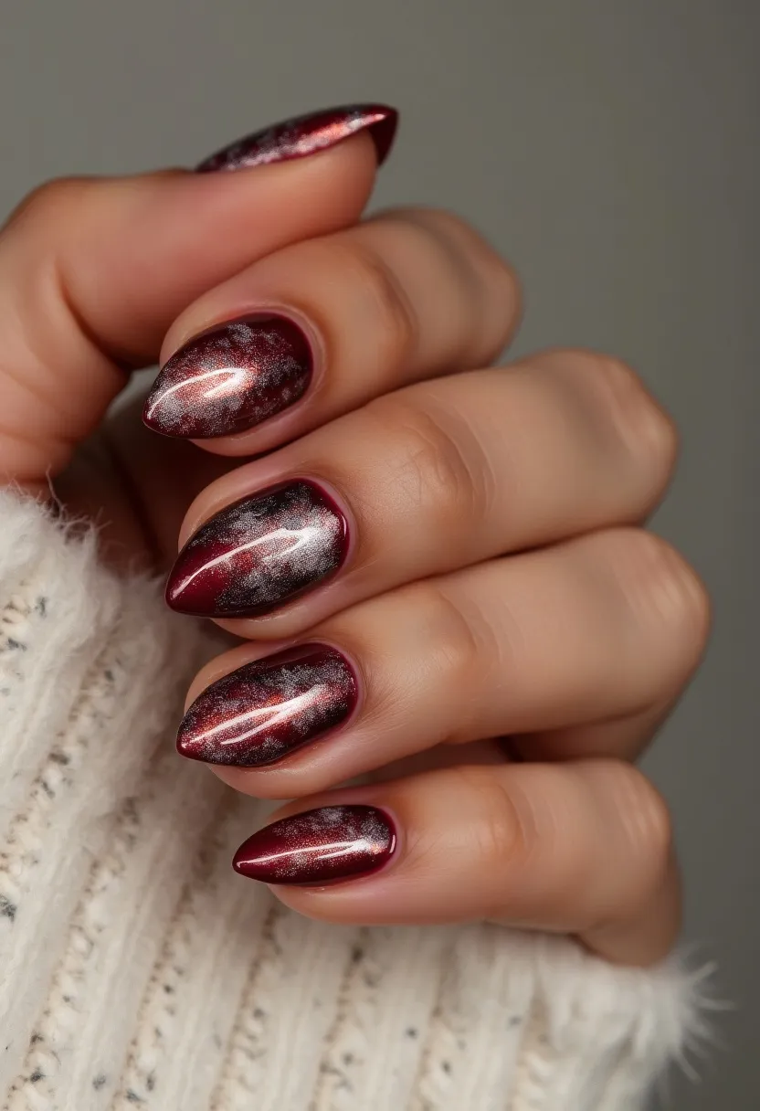 The nail design features a striking and sophisticated palette, combining deep maroon and metallic silver shades. The nails are almond-shaped, enhancing an elegant and elongated appearance. The intricate design includes a marbled pattern, subtly blending the maroon base with touches of shimmering silver, creating a visually captivating effect reminiscent of a night sky or galaxy. This design appears to utilize a gel or possibly a shellac treatment, given its glossy, high-shine finish. The choice of colors and the detailed pattern suggest a winter theme, making it an ideal design for festive winter occasions or holiday celebrations.