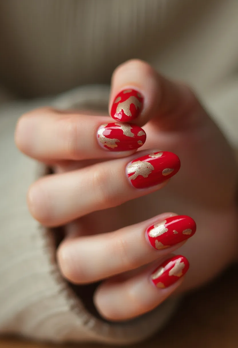 The nail design features a striking red and gold color palette, where the primary red background is accentuated with artistic gold foil patterns. The nails are shaped into a medium-length almond form, offering an elegant and sleek appearance. The intricate gold decorations are randomly distributed across the nails, providing a unique and luxurious look. This design appears to utilize gel treatment, known for its durability and glossy finish. The bold color combination and metallic elements suggest a festive theme, making it suitable for special occasions such as holidays or celebratory events.