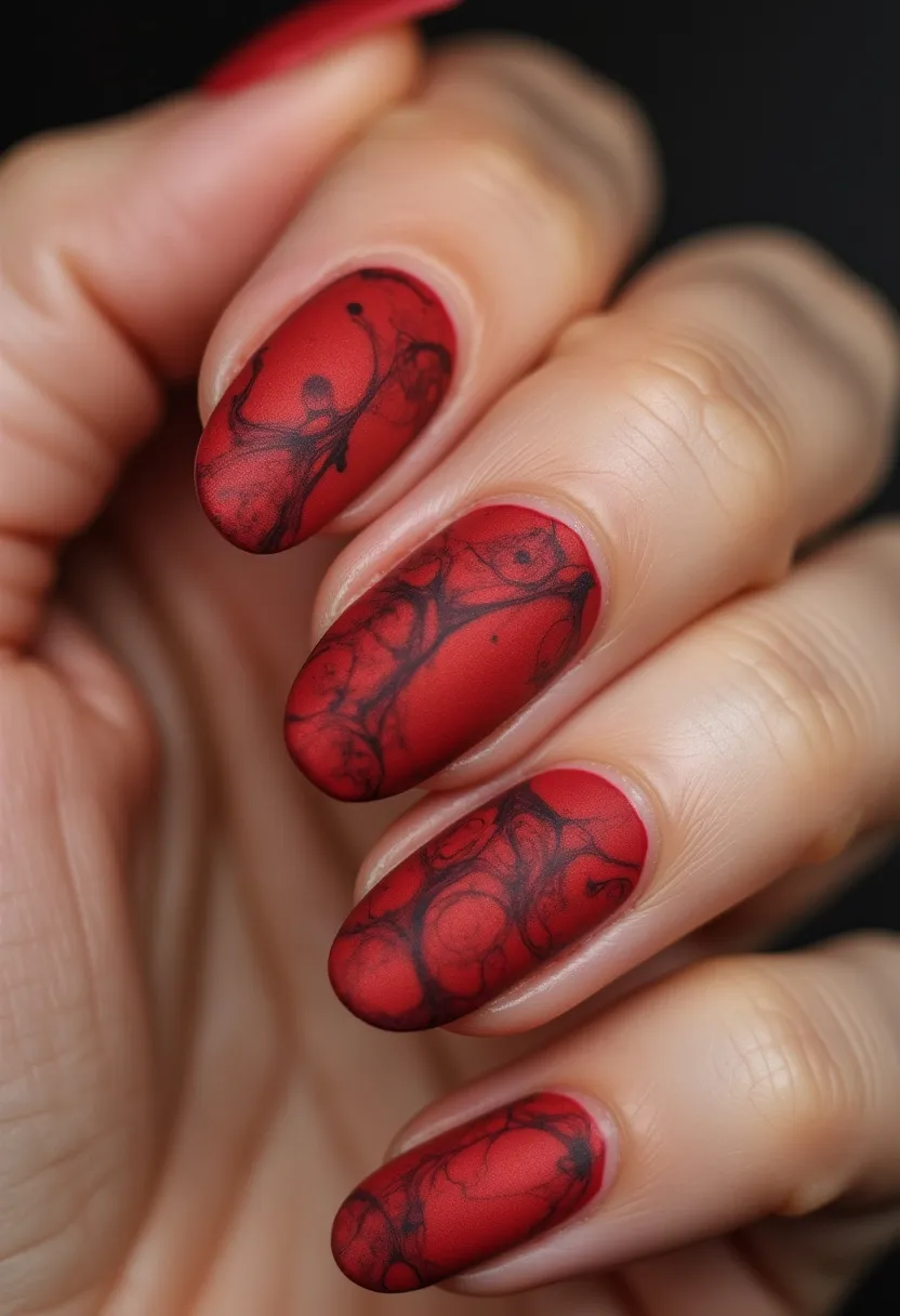 This nail design features a striking color palette dominated by a rich, matte red with intricate black marbling patterns. The nails are almond-shaped, giving a sleek and elongated appearance. The marbling effect on each nail creates a unique and artistic look, adding depth and texture through the swirling black lines against the bold red background. This treatment appears to be a gel manicure, as suggested by the smooth and even finish. The overall design is elegant and dramatic, making it suitable for autumn or winter seasons, or for special occasions that call for a more sophisticated and bold nail art statement.