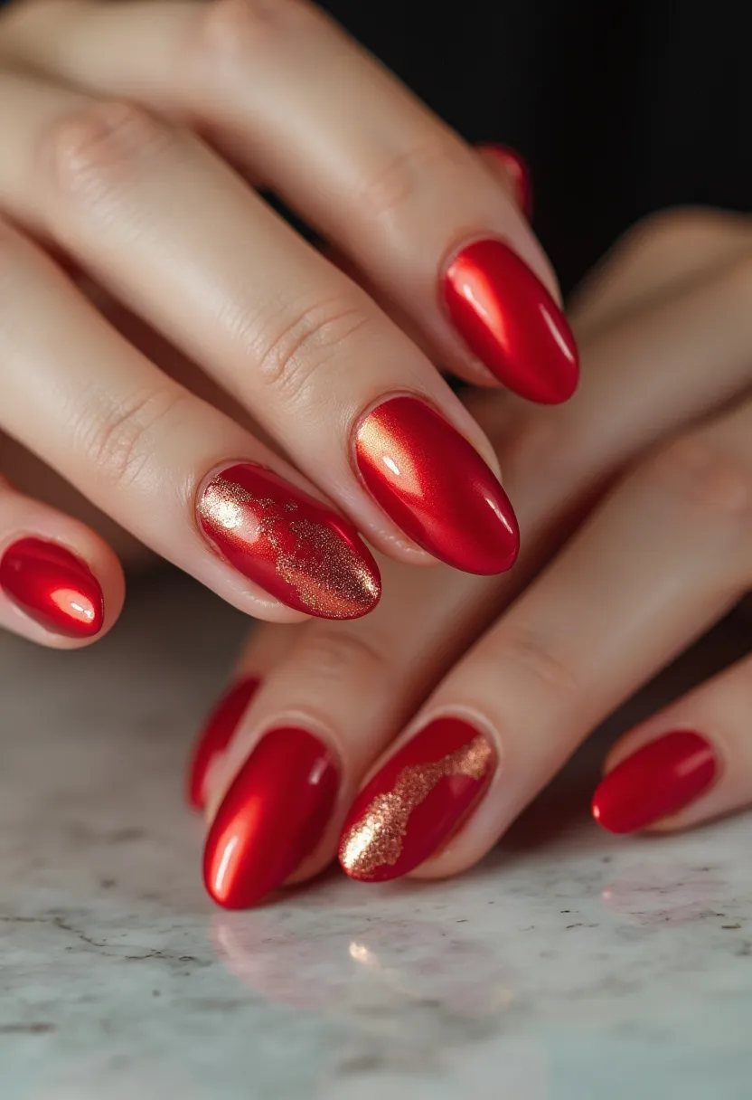 The nail design showcases a vibrant and sophisticated color palette dominated by a striking red polish, complemented with gold accents. The nails are shaped in a stiletto or almond style, which adds to the overall elegance of the look. Some nails feature intricate patterns with gold foil details, creating a luxurious and festive appearance. The glossy finish suggests a gel or shellac treatment, providing a smooth and long-lasting shine. This manicure exudes a celebratory vibe and could be ideal for special occasions or seasonal themes such as the holidays. The combination of red and gold adds a touch of glamour and opulence to the design.