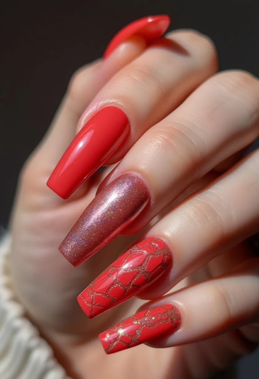 The nail design exhibits a striking red color palette with varying shades and finishes, perfectly suited for festive or special occasions. The nails are long and coffin-shaped, showcasing both elegance and modernity. Each nail features a unique design: some are painted with a glossy red polish, one has a shimmering, metallic finish, and others are adorned with intricate patterns that resemble golden, lattice-like accents on the red base. This design likely uses gel or shellac treatments, ensuring a smooth and durable finish that adds to the overall sophistication and thematic consistency of the manicure.