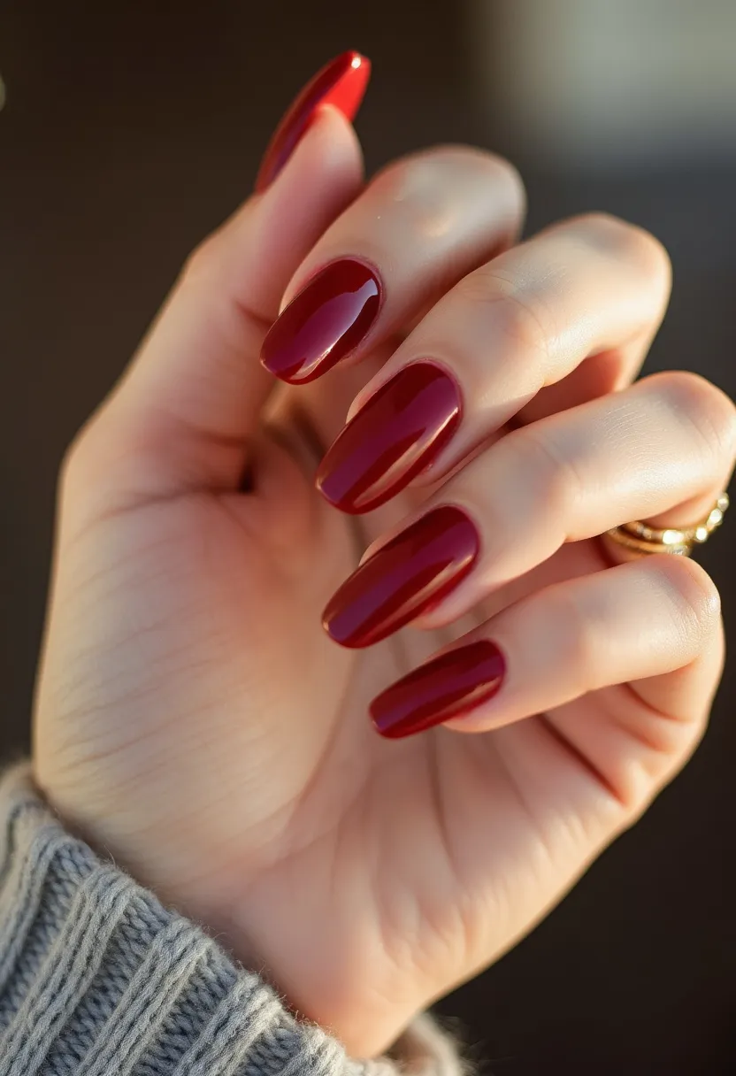 The nail design features a rich, deep red color palette, creating an elegant and classic look. The nails are shaped in a long, almond style which adds to the sophisticated appearance. The polish appears to have a glossy finish, indicative of a gel or shellac treatment, as it showcases a smooth and shiny surface. The overall design is simple and refined, without any additional patterns or decorations, emphasizing the high gloss and vibrant color. This nail design could be suitable for various occasions, from formal events to holiday celebrations, due to its timeless and versatile aesthetic.