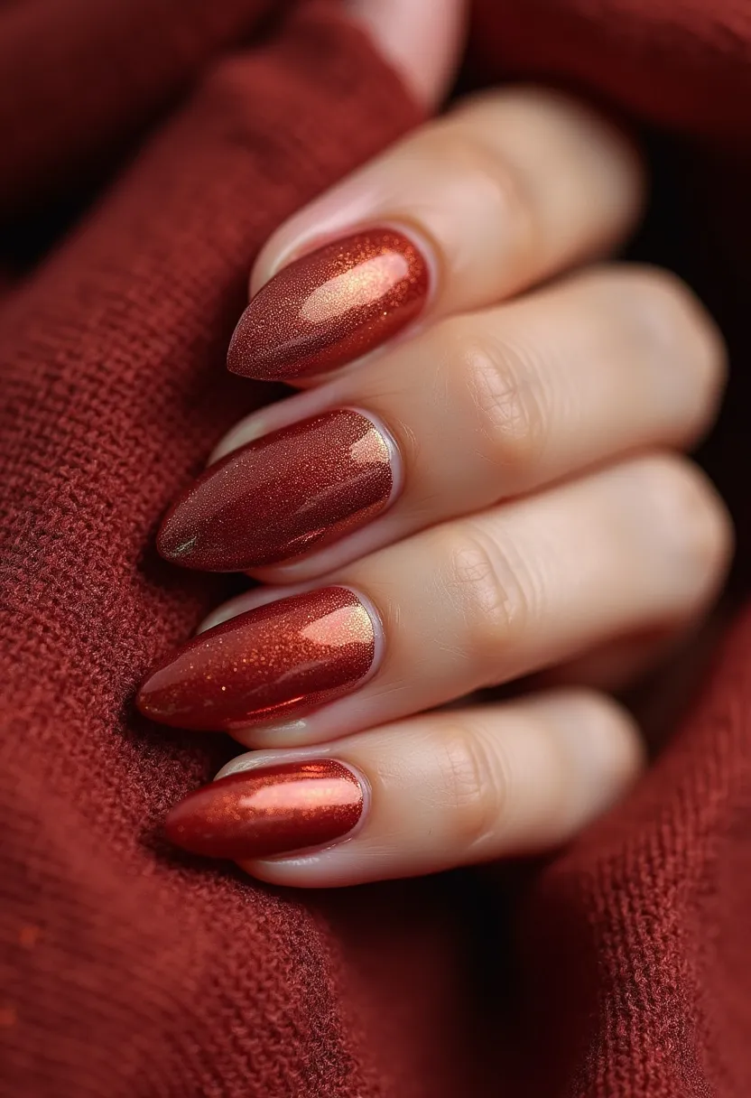 The nail design features a rich, warm red color palette with a glossy finish, accentuated by subtle shimmer reflective of light. The nails are shaped in an almond form, providing an elegant and elongating appearance to the fingers. There are no additional intricate patterns or decorations, leaving the solid color to shine. The nail treatment appears to be gel, providing a smooth, glossy, and long-lasting result. The shimmering red hue, combined with the cozy aesthetic, makes this design suitable for the autumn season, evoking a sense of warmth and festivity suitable for both casual wear and special occasions.