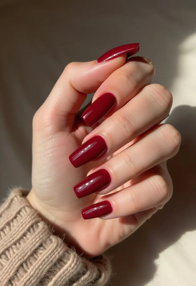 The nail design features a rich burgundy color palette, which exudes a sophisticated and elegant vibe. The nails are shaped in a long, square style, providing a modern and sleek appearance. The surface of the nails is smooth and glossy, indicative of a high-shine finish that could likely be achieved with gel polish, given its durability and luster. There are no intricate patterns or decorations, emphasizing simplicity and the bold statement of the solid color. This design is versatile and can be worn for various occasions, but it is particularly well-suited for the fall and winter seasons due to the deep, warm hue.