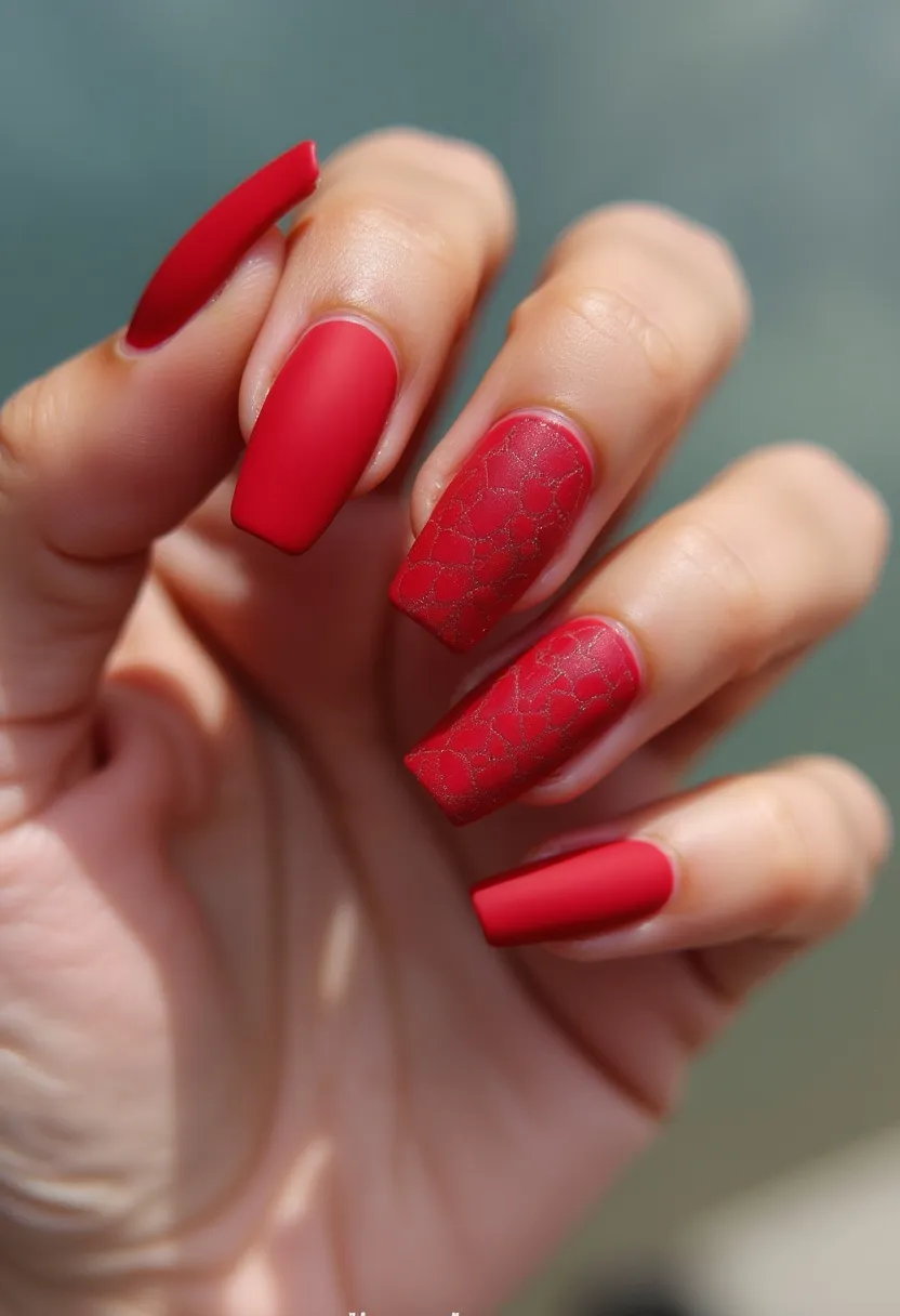 The nail design showcases a sophisticated red palette, with a matte finish contributing to an elegant look. The nails are shaped in a trendy coffin style, which complements the overall aesthetic of the design. Two of the nails feature a subtle and intricate lace-like pattern, adding a hint of delicate detail that contrasts beautifully with the solid matte red on the remaining nails. This design appears to use gel or acrylic treatment, given the smooth and polished look. The red color and lace patterns suggest a versatile theme, suitable for festive holiday seasons or special romantic occasions.