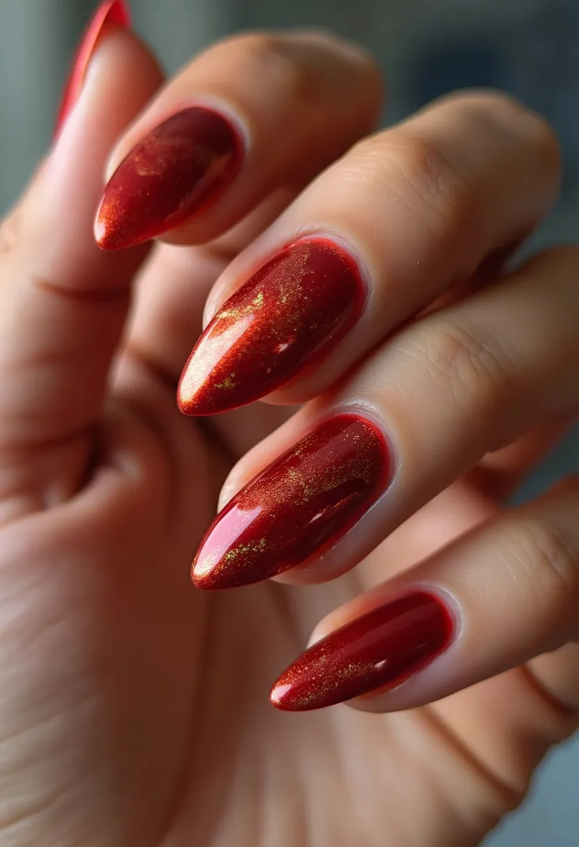 The nail design features a striking color palette dominated by various shades of deep red, with metallic gold accents adding a touch of elegance. The nails are almond-shaped, providing a sophisticated and elongated look. The intricate pattern consists of a marble-like effect, where the gold flakes are artistically swirled into the rich red base, creating a luxurious and dynamic appearance. This particular set of nails appears to be treated with gel polish, which enhances the vibrant colors and provides a glossy finish. The design’s rich tones and festive shimmer suggest it would be perfect for the holiday season or a special celebratory occasion.