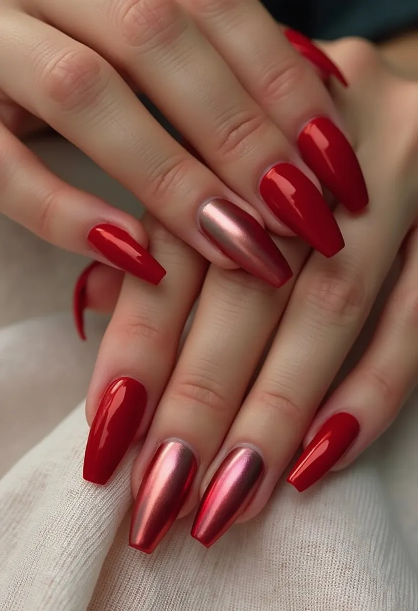 The nail design features a bold red color palette, with a mix of glossy red and metallic rose-gold hues. The nails are shaped in a long, coffin shape, adding a stylish and dramatic effect. The ring fingernails on each hand are painted in a metallic rose-gold color, creating contrast and a touch of elegance against the otherwise rich red nails. This design appears to be created using gel polish, as evidenced by the high shine and smooth finish. The intricate metallic accent nails add a unique detail that makes the design stand out. This nail design is suitable for special occasions or the holiday season, adding a festive and glamorous touch.