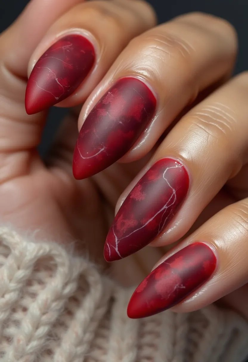 The nail design features a dramatic, deep red color palette that creates a striking and bold appearance. The nails are almond-shaped, tapering to a slight point, which gives them a sleek and elegant look. The surface of the nails showcases a matte finish, most likely achieved using a gel treatment, providing a smooth and sophisticated texture. Adding to the visual interest, the nails have intricate marble-like patterns with subtle white veining, creating an artistic and elegant feel. This design has a luxurious and refined aesthetic, making it suitable for special occasions or seasonal themes, particularly around autumn or winter. The combination of the matte finish and the intricate marble detailing makes these nails a standout feature, exuding a chic and fashionable vibe.