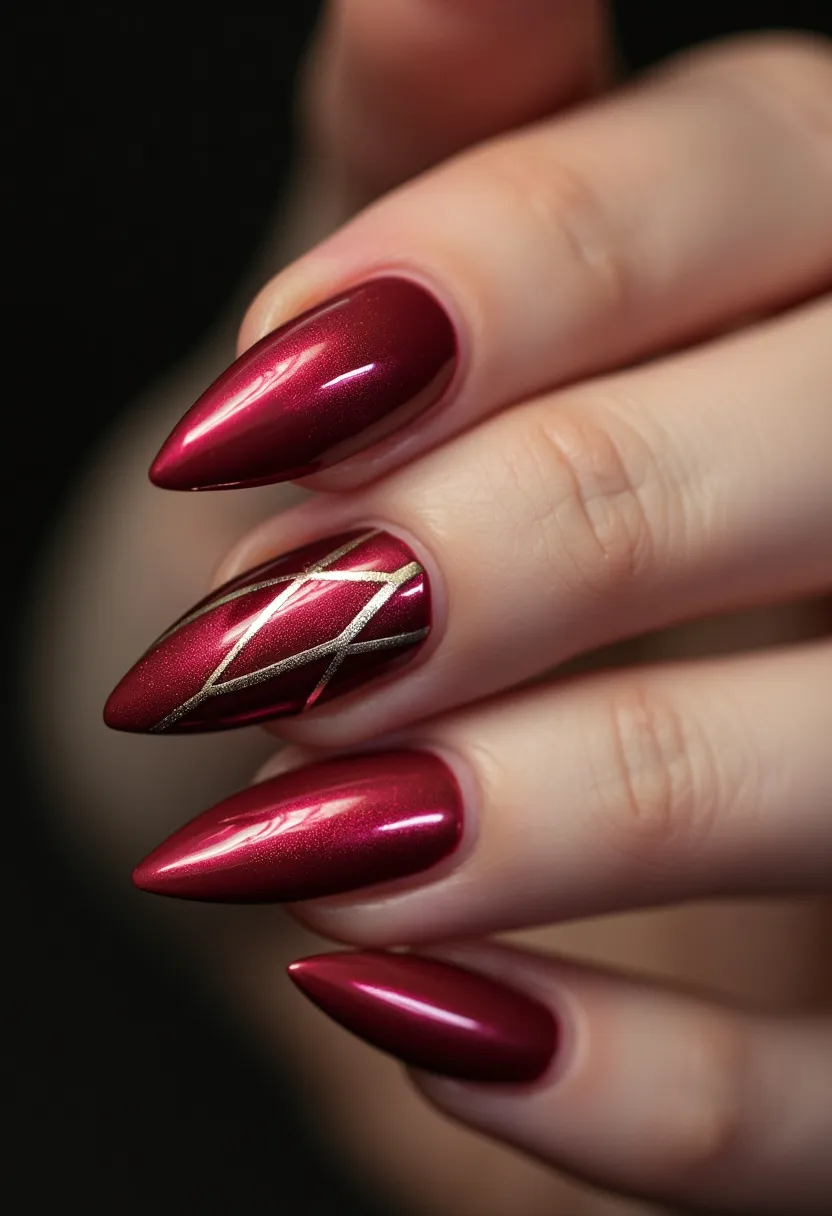 The featured nail design showcases an elegant almond or stiletto shape, adorned with a rich, deep red, metallic hue that catches the light beautifully. One nail is accentuated with intricate silver geometric lines, adding a touch of sophistication and contrast to the overall design. Given the high-shine finish and durability, it appears to be created using gel polish. The luxurious deep red color and metallic accents make this design particularly suitable for festive or holiday occasions, evoking a sense of warmth and celebration.