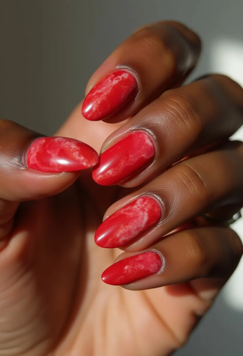 The nail design showcases a vibrant red color palette with subtle white marble-like patterns intricately swirled across the surface, giving the nails a sophisticated yet bold appearance. The nails are almond-shaped, contributing to an elegant and elongated look. The high-gloss finish suggests a gel or shellac treatment, known for its durability and shine, perfect for maintaining the polished look longer. The marbled effect adds a unique detail to the otherwise classic red, making it suitable for a variety of occasions, from festive celebrations to special events. This design holds a timeless and versatile appeal, ideal for both everyday wear and festive seasons like holidays or romantic occasions.