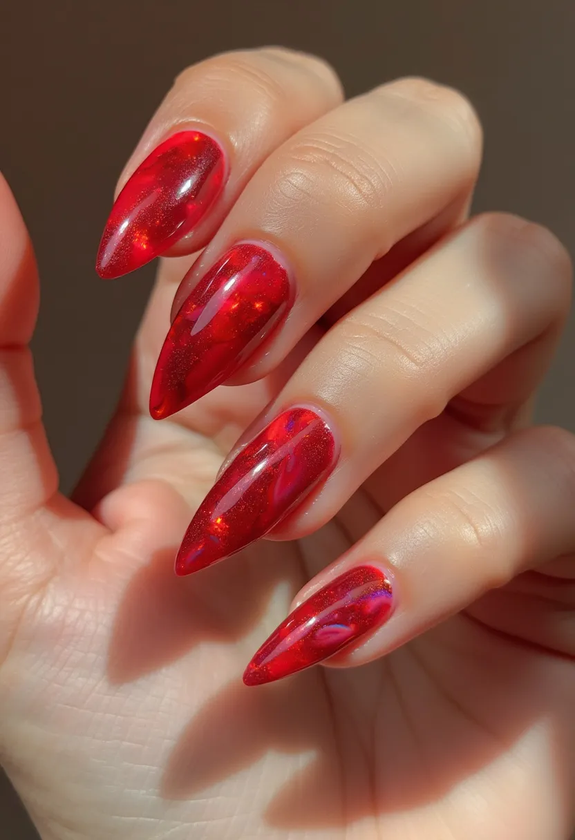 The nail design features a striking red color palette with a glossy finish, likely created using gel nail polish due to its high shine and smooth appearance. The nails are shaped into a pointed stiletto form, adding a bold and dramatic flair. Intricate patterns of subtle holographic flakes are embedded within the red polish, giving a shimmering, multi-dimensional effect that catches the light beautifully. These nails have a festive and glamorous vibe, making them perfect for special occasions or holiday events, particularly around the Christmas season due to the vibrant red theme. The use of high-gloss gel polish not only enhances the brilliance of the color but also ensures durability and longevity.