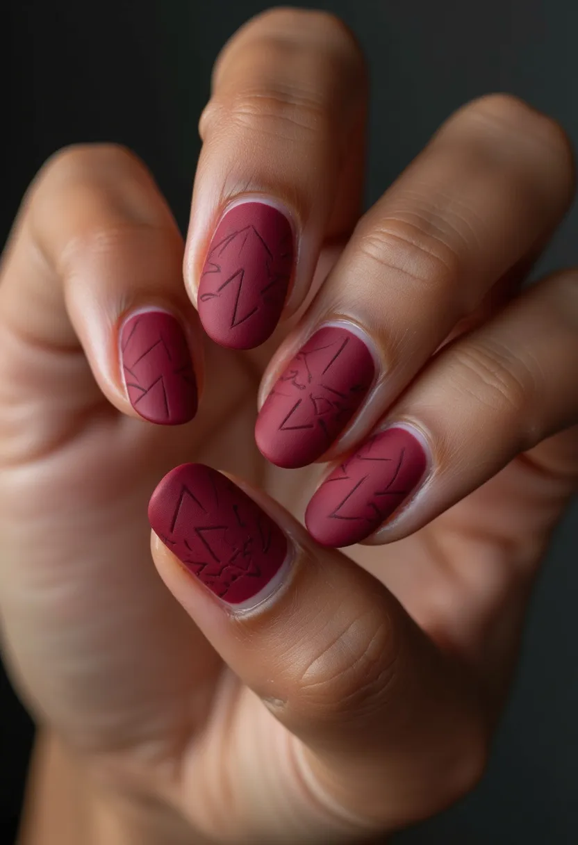 The nail design features an elegant and sophisticated look with a matte burgundy color palette. The nails are shaped in a short, oval form, which adds to their refined appearance. Intricate, abstract line patterns in a slightly darker shade of burgundy are meticulously etched onto each nail, adding a unique and artistic flair to the overall design. The treatment appears to be gel, given the smooth and consistent finish typical of this method. The design's choice of warm, deep colors and minimalist geometric patterns suggests a theme suitable for the autumn season or a formal occasion, blending contemporary art with classic autumn hues.