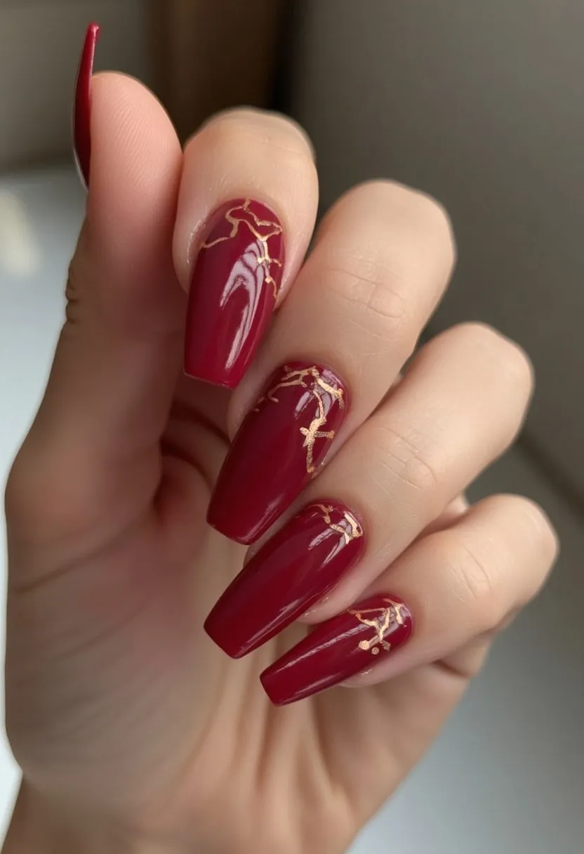 The nail design features long, coffin-shaped nails with a rich, burgundy base color. The nails appear to be treated with gel, providing a glossy finish. Adorning each nail are delicate, gold foil accents that create an elegant, intricate pattern reminiscent of tree branches or vines. This sophisticated design, with its deep, warm hue and luxurious gold detailing, is suitable for fall or winter seasons and is particularly fitting for special occasions such as holidays or formal events. The combination of the rich color and metallic accents offers a chic and fashionable appearance.