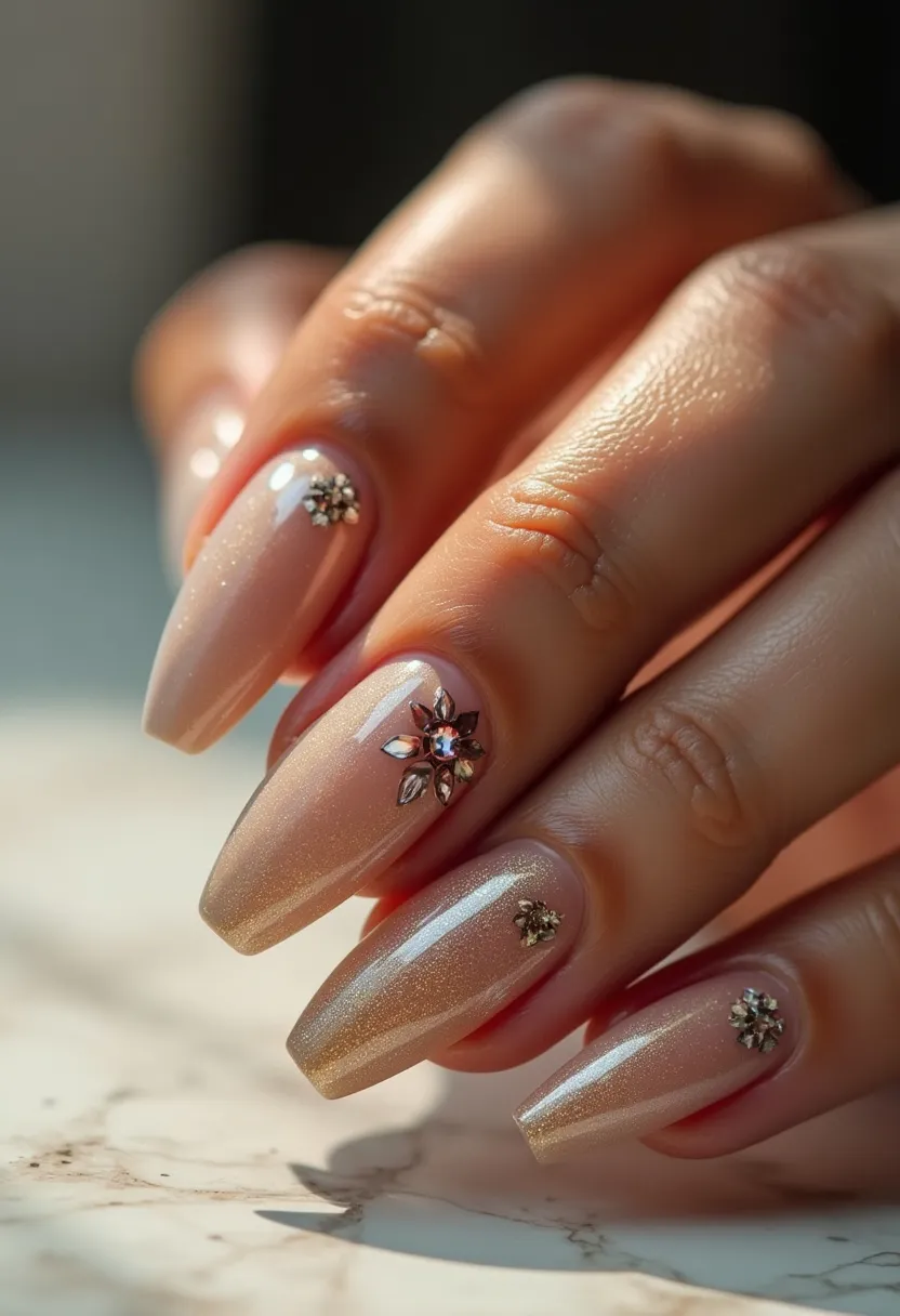 The nail design features a sophisticated, shimmering nude color palette with subtle sparkle, giving it an elegant and polished look. The nails are shaped in a long almond style, providing a refined and feminine silhouette. Each nail sports intricate embellishments, including a prominent metallic flower design studded with tiny rhinestones, adding a touch of glamour and luxury. The nail treatment appears to be gel, lending a glossy, durable finish to the design. The delicate and detailed decorations, combined with the sophisticated base color, make this nail design suitable for special occasions such as weddings or formal events. The overall look exudes a sense of grace and refined elegance.