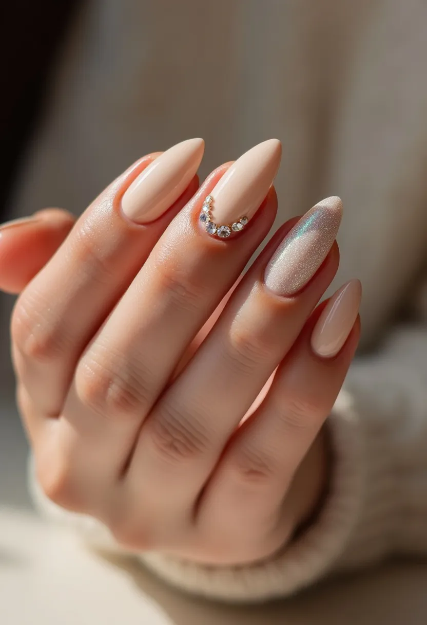 The nails feature an elegant almond shape, creating a sophisticated and refined look. They flaunt a soft, nude color palette that is both subtle and chic. One of the nails incorporates a unique decor element—a row of small, glistening rhinestones arranged in a delicate curved pattern near the cuticle. Additionally, one of the nails stands out with a shimmering, iridescent finish, adding an extra touch of glamour and contrast to the overall design. The polished appearance indicates that a professional gel or shellac treatment may have been used, ensuring a durable and glossy finish. This design is versatile and can be suitable for various special occasions, such as weddings or formal events, as well as for a chic, everyday look.