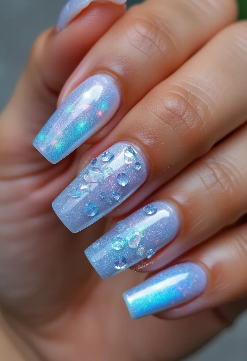 This nail design features a shimmering, iridescent color palette with a predominantly icy blue base that exhibits subtle holographic effects. The nails are shaped into a long, square form, providing a broad canvas for decoration. Intricate patterns include a collection of clear, multifaceted rhinestones placed strategically on a couple of nails, adding a three-dimensional and sparkly aspect to the design. The nail treatment appears to be gel, given the high gloss and smooth finish. The overall aesthetic of the nails exudes a winter or festive season vibe, suitable for special occasions like holiday parties, blending elegance with a touch of whimsy.